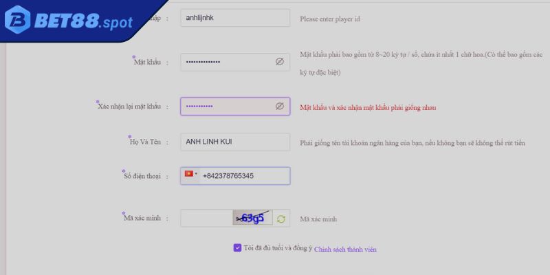 Nhập thông tin đăng ký BET88